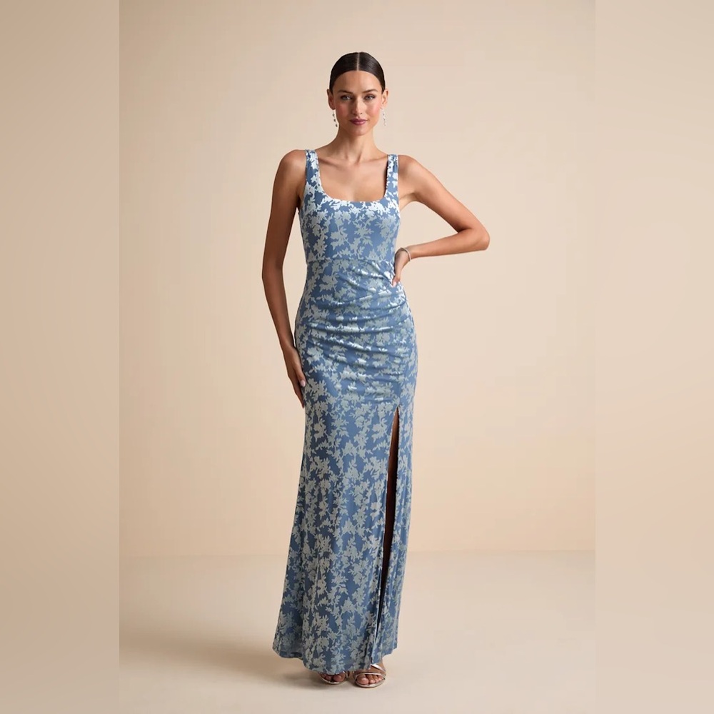 Lulus Miraya Dusty Blue Burnout Velvet Maxi Dress - Size L - Picture 4 of 4